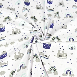 Baumwolle 100% Katzen in grau-mint-marine mit Regenbogen auf weißem Hintergrund  