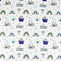 Baumwolle 100% Katzen in grau-mint-marine mit Regenbogen auf weißem Hintergrund  