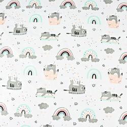 Baumwolle 100% Katzen in grau-mint-apricot mit Regenbogen auf weißem Hintergrund  