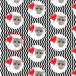 Baumwolle 100% Katzen mit rotem Ballon auf weiß-schwarzem Zickzack-Hintergrund  