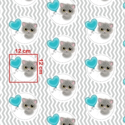 Baumwolle 100% Katzen mit türkisfarbenem Ballon auf weiß-grauem Zickzack-Hintergrund  