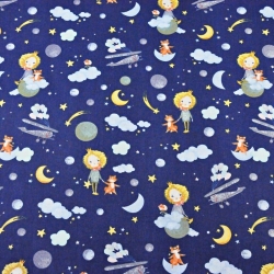 Baumwolle 100% Prinzessinnen mit Füchsen auf Wolken auf dunkelblauem Hintergrund  