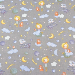 Baumwolle 100% Prinzessinnen mit Füchsen auf Wolken auf grauem Hintergrund  