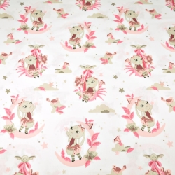 Baumwolle 100% Hasen auf rosa Monden auf weißem Hintergrund  