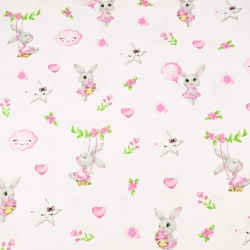 Baumwolle 100% rosa Kaninchen mit Wolken auf weißem Hintergrund  