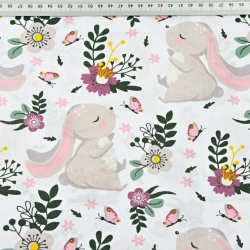 Baumwolle 100% Kaninchen auf grün-lila Wiese auf weißem Hintergrund  