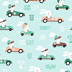 Baumwolle 100% Rennkaninchen auf mintfarbenem Hintergrund  