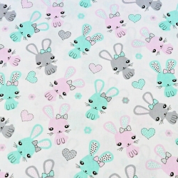 Baumwolle 100% Kaninchen rosa-minze auf weißem Hintergrund  