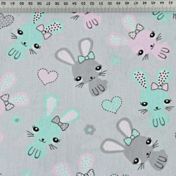 Baumwolle 100% Kaninchen rosa-minze auf grauem Hintergrund  