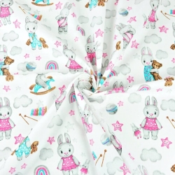 Baumwolle 100% Kaninchen in rosa-türkis-grau mit Wolken auf weißem Hintergrund  