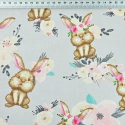 Baumwolle 100% Kaninchen mit Sträußen auf grauem Hintergrund  