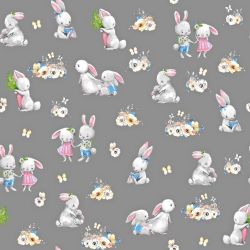 Baumwolle 100% verliebte Kaninchen auf dunkelgrauem Hintergrund  