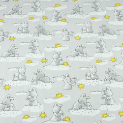 Baumwolle 100% - Hasen mit Sonnen auf grauem Hintergrund  