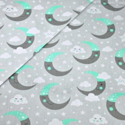 Baumwolle 100% grau-mintfarbene Monde auf grauem Hintergrund  