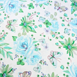 Baumwolle 100% große Blumen mit Schmetterlingen blau-grün auf weißem Hintergrund  