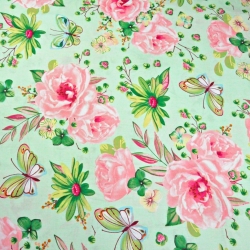 Baumwolle 100% große Blumen mit Schmetterlingen rosa-grün auf grünem Hintergrund  