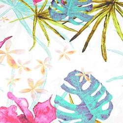 Baumwolle 100% Amaranthblüten mit Monstera-Blättern auf weißem Hintergrund  