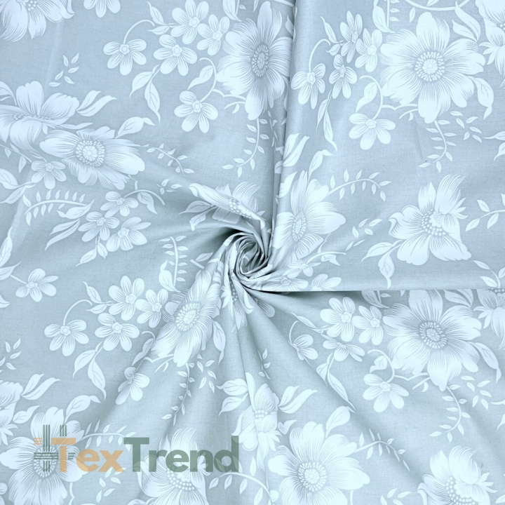 Baumwolle 100% weiße Blumen auf hellgrauem Hintergrund  