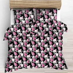 Baumwolle 100% Fliederblüten rosa-fuchsia auf schwarzem Hintergrund  