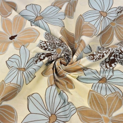 Baumwolle 100% große Blumen beige-blau auf vanillefarbenem Hintergrund  
