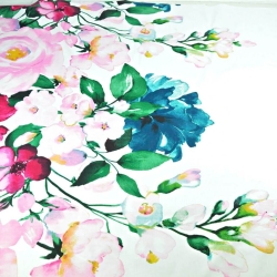 Baumwolle 100% große fuchsia-, rosa- und türkisfarbene Blumen auf weißem Hintergrund  