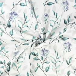 Baumwolle 100% lila Blumen mit smaragd-grünen Blättern auf weißem Hintergrund  