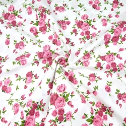 Baumwolle 100% Blumen Zweige rosa Rosen auf weißem Hintergrund  