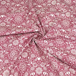 Baumwolle 100% bestickte Blumen mit Vogel weiß auf bordeauxfarbenem Hintergrund  