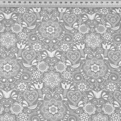 Baumwolle 100% bestickte Blumen mit Vogel weiß auf grauem Hintergrund  