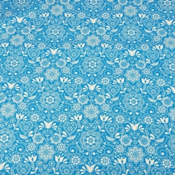 Baumwolle 100% bestickte Blumen mit Vogel weiß auf türkisfarbenem Hintergrund  