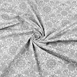 Baumwolle 100% bestickte Blumen mit Vogel grau auf weißem Hintergrund  