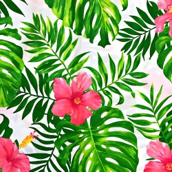 Baumwolle 100% Hibiskusblumen rosa mit grünen Blättern auf weißem Hintergrund  