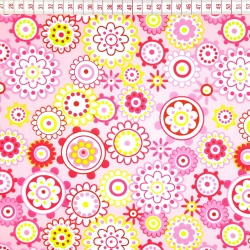 Baumwolle 100% Blumen bunt in Kreisen auf rosa Hintergrund  