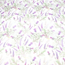 Baumwolle 100% Lavendelblumen mit Zweigen auf weiß-grauem Hintergrund  