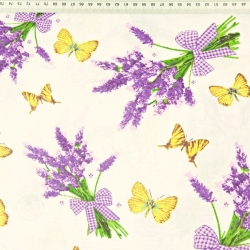Baumwolle 100% Lavendelblumen mit Schmetterlingen auf ecrufarbenem Hintergrund  