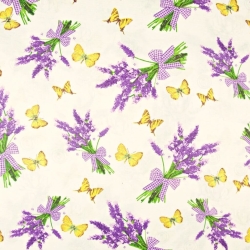 Baumwolle 100% Lavendelblumen mit Schmetterlingen auf ecrufarbenem Hintergrund  