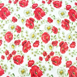 Baumwolle 100% Mohnblumen rot mit Kamille auf weißem Hintergrund  