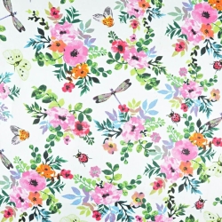 Baumwolle 100% Mohnblumen bunt mit Insekten auf weißem Hintergrund  