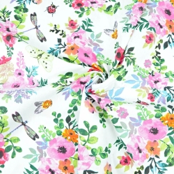 Baumwolle 100% Mohnblumen bunt mit Insekten auf weißem Hintergrund  