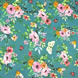 Baumwolle 100% Mohnblumen bunt mit Insekten auf meerblauem Hintergrund  