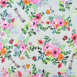 Baumwolle 100% Mohnblumen bunt mit Insekten auf grauem Hintergrund  