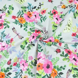 Baumwolle 100% Mohnblumen bunt mit Insekten auf grauem Hintergrund  