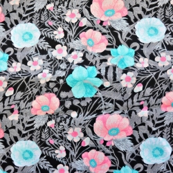 Baumwolle 100% Mohnblumen auf schwarzer Wiese  