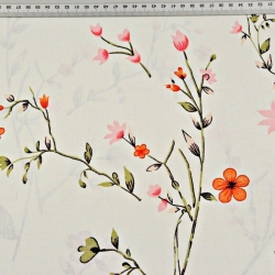 Baumwolle 100% Blumen an Zweigen rot-rosa auf vanillefarbenem Hintergrund  