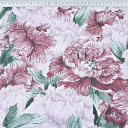 Baumwolle 100% Pfingstrosen rot-rosa in Blättern  