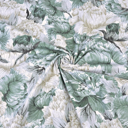 Baumwolle 100% Pfingstrosen in salbeifarbenen Blättern  