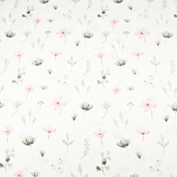 Baumwolle 100% Wiesenblumen rosa-grau auf weißem Hintergrund  