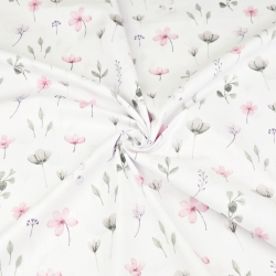 Baumwolle 100% Wiesenblumen rosa-grau-lila auf weißem Hintergrund  