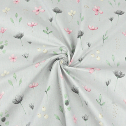 Baumwolle 100% Wiesenblumen rosa-grau-grün auf hellgrauem Hintergrund  