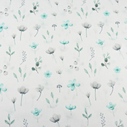 Baumwolle 100% Wiesenblumen türkis-grau auf weißem Hintergrund  